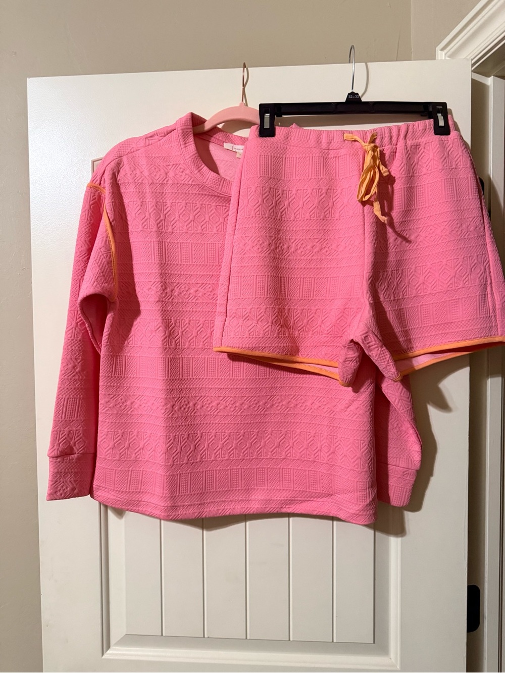 Women’s Pink Knit Sweatshirt & Shorts Set with Yellow Trim NWOT